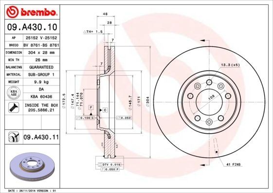 спирачен диск BREMBO с номер 09.A430.11 за PEUGEOT 407