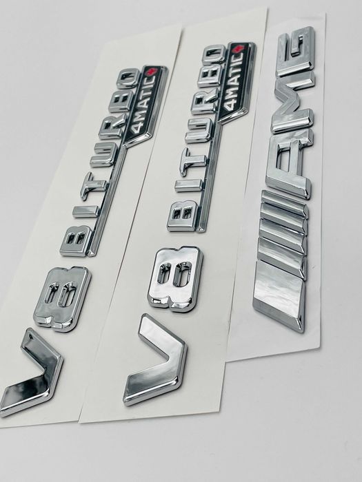 Set embleme compatibile Mercedes V8 biturbo 4matic+ AMG crom