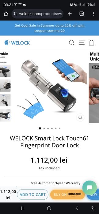 Încuietoare Smart WELOCK Touch 61: Amprentă, Card RFID și Aplicatie