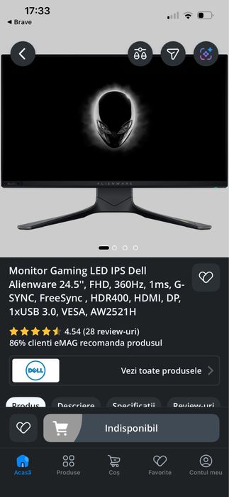 Monitor Gaming Alienware AW2521H 360hz - Monitor de competitii