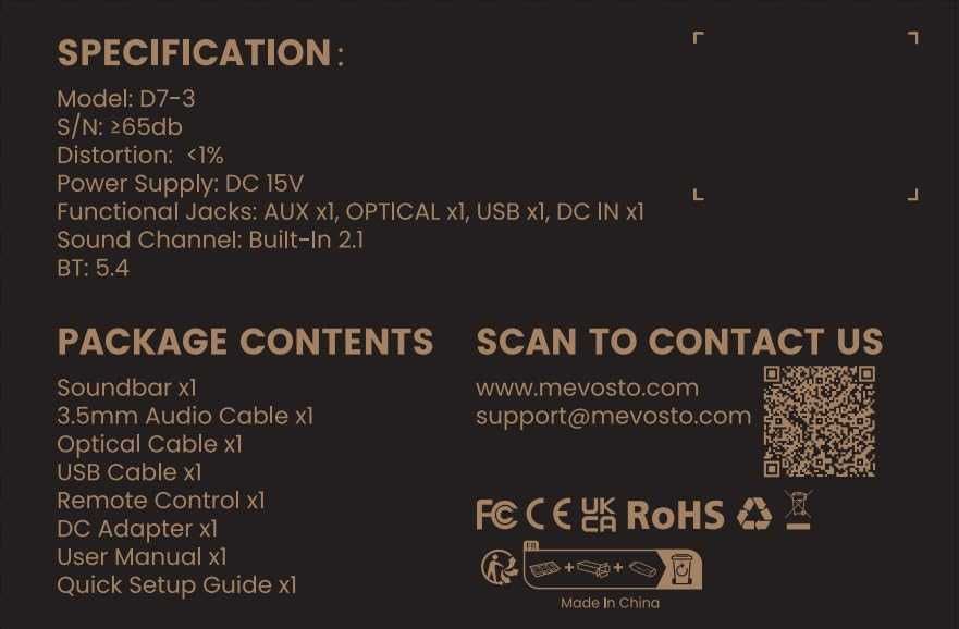 Soundbar MEVOSTO 60W cu subwoofer integrat, 40 cm ,telecomanda