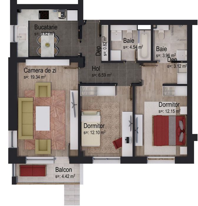 Apartament cu 3 camere în clădire cu 4 etaje