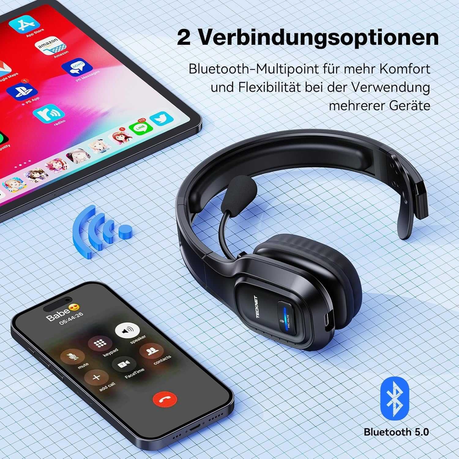 слушалки, слушалка Bluetooth с микрофон, USB, TECKNET, Германия