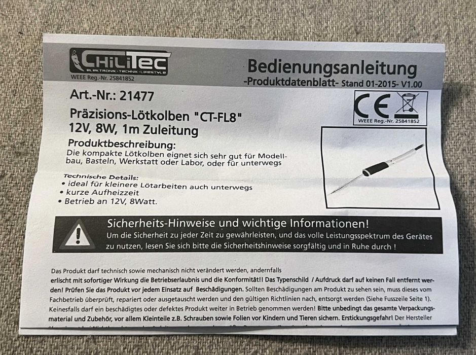 Letcon de precizie 12V 8W ChilliTec CT-FL8 nou, mini stație lipit
