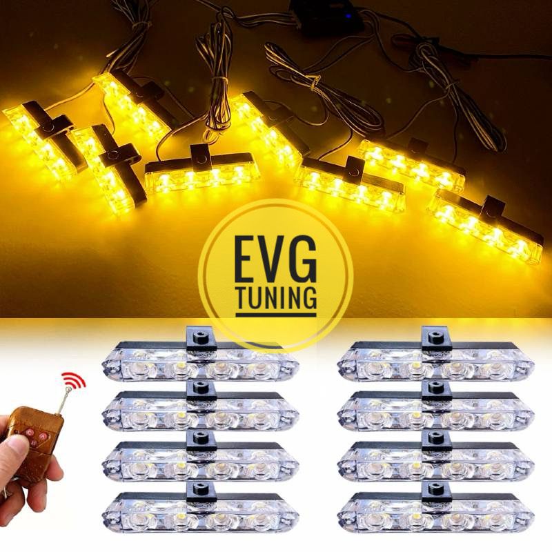 Set 8 Lumini Stroboscop Galbene Albe Grila, 12V, Telecomanda EVG