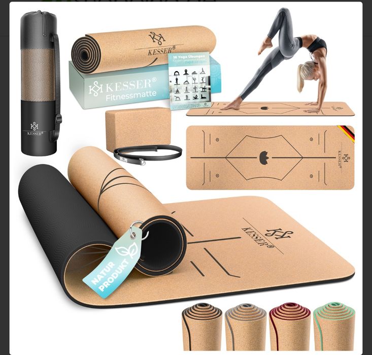 Коркова постелка за йога 183 х 62 см с блок и каишка , не плъзгаща