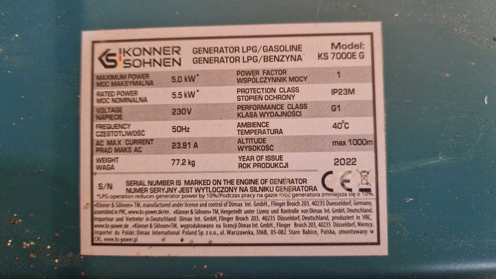 Generator de curent hibrid GPL/benzina 230V 5,5 kWKönner KS 7000E G