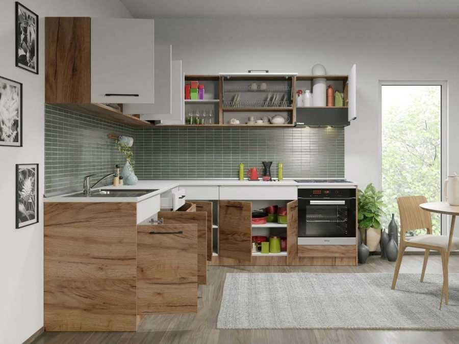 Set Mobila Bucatarie Colt Gastro 240*240 Alb/Stejar – C27