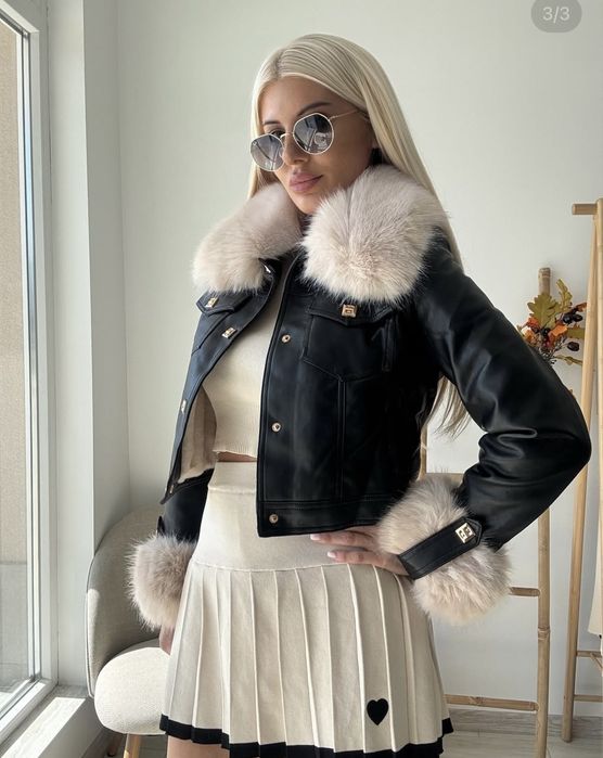 Дамско кожено яке с пух