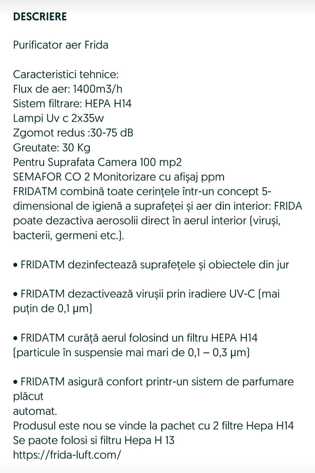 FRIDA purificator aer profesional Germania,alergii,omoara virusi