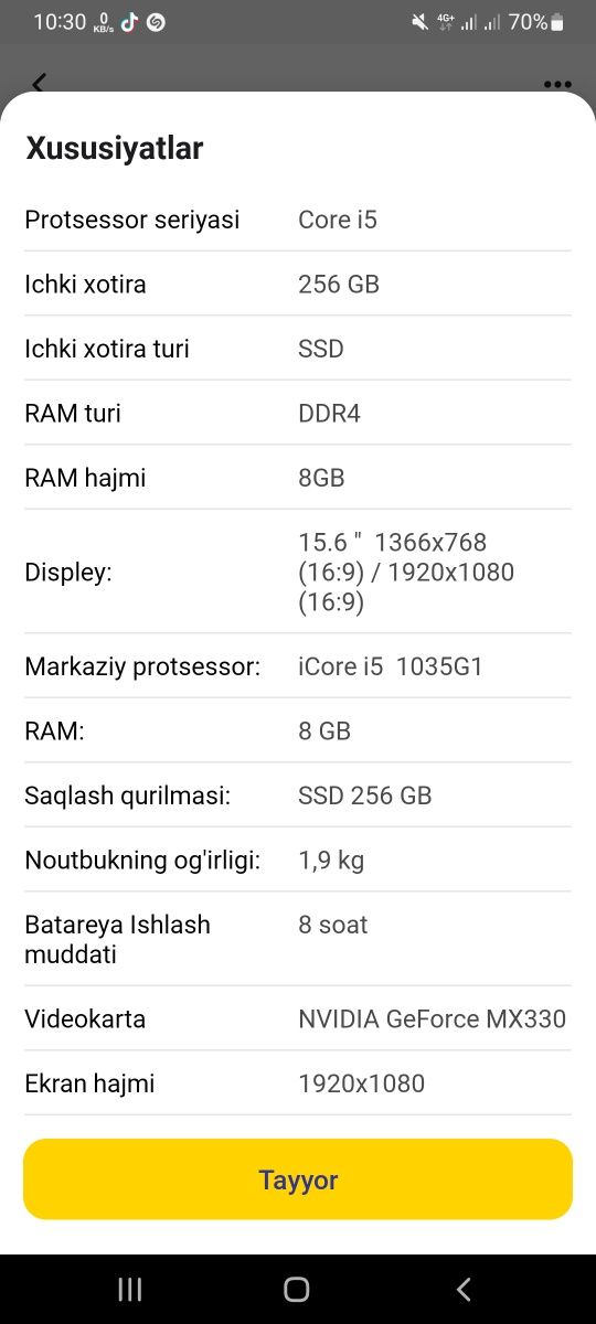 Noutbuk Acer Aspire3 a315-57G 8/128GB SSD