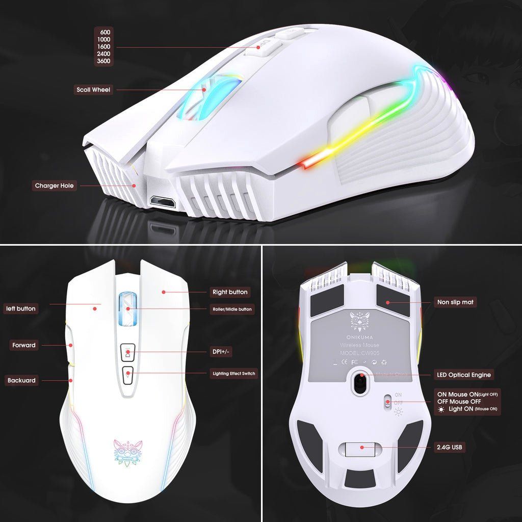 Mouse gaming Onikuma CW905,Wireless, 3600DPI,RGB,Alb