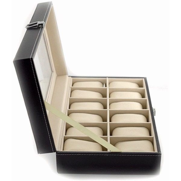 Cutie depozitare ceasuri de mana cu 12 pernite din piele si fereastra