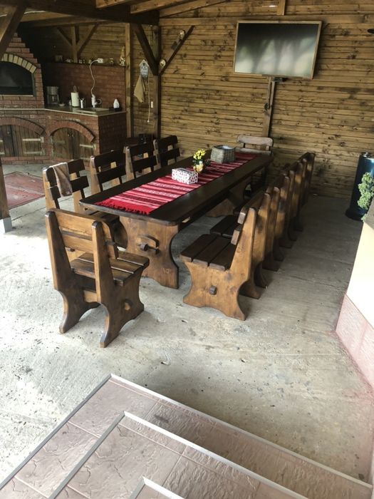 Masa cu scaune si banci din lemn pentru gradina, terasa, foisor