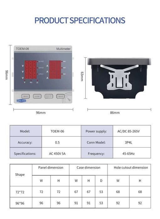 Цифров мултицет Трифазен AC 450V 5A 3P4L TOMZN TOEM-06