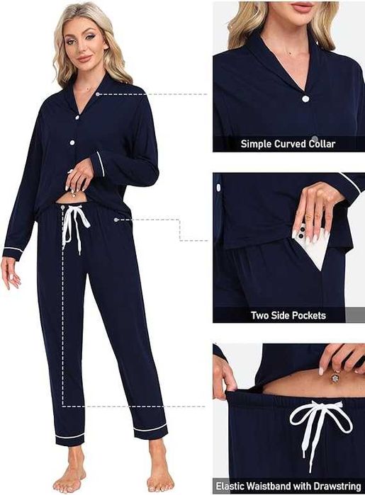 MoFiz Дълги пижами за жени, зимни меки пижами с дълъг ръкав и копчета