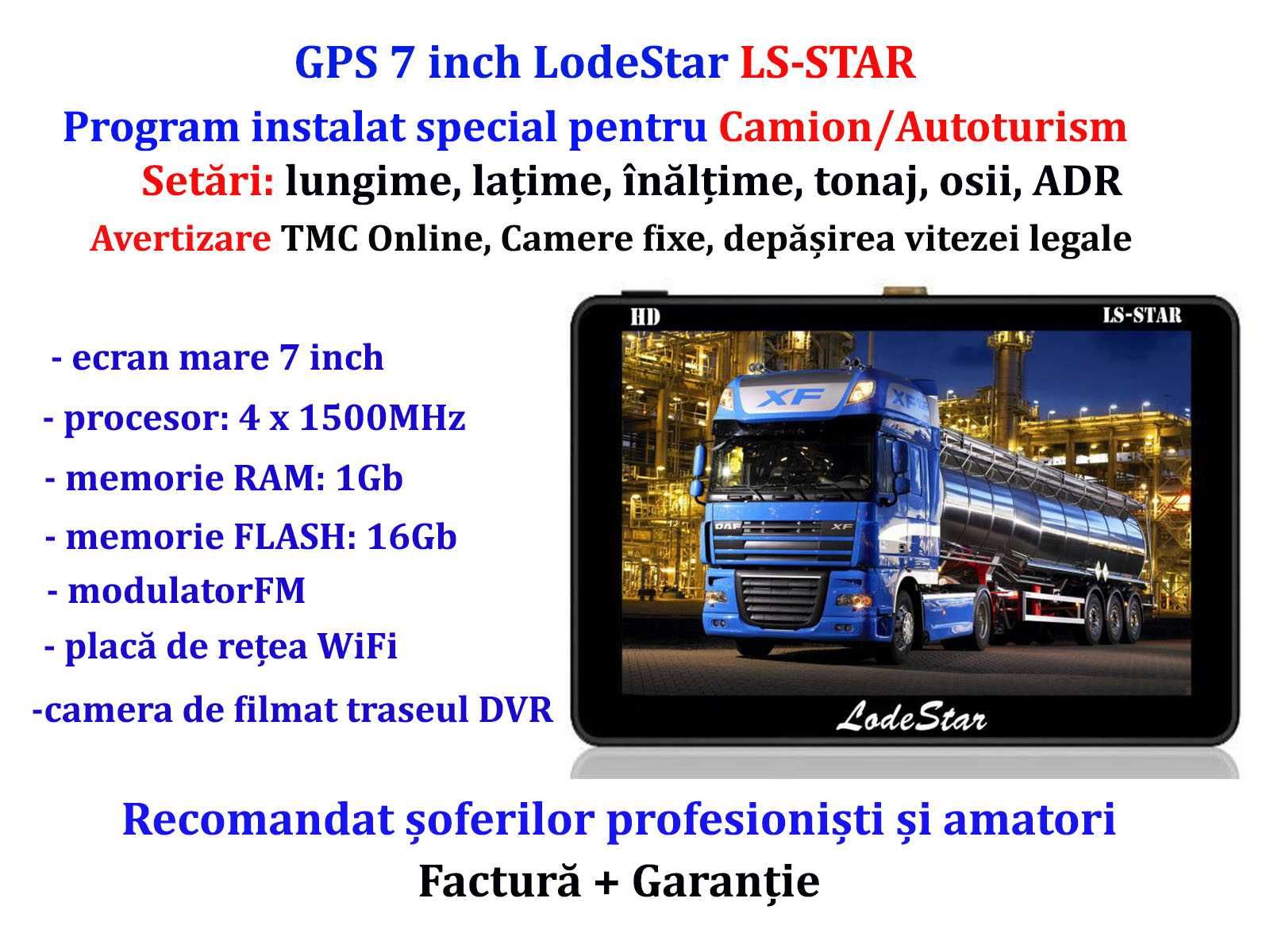 Navigatie GPS 7"HD Camion Full Europa, TMC, WiFi, camera filmat traseu