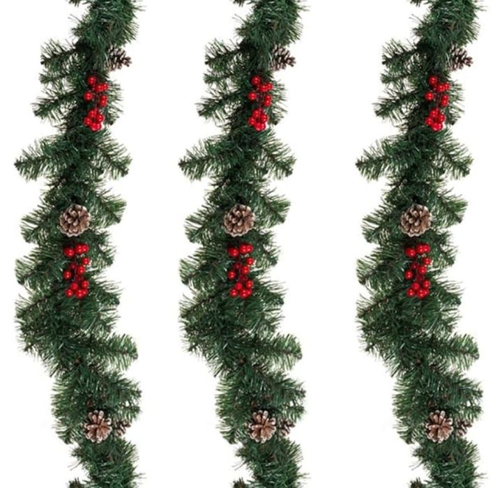 Коледен гирлянд, Елхови клонки, Шишарки, Червени плодове, 2.7 м, Зелен