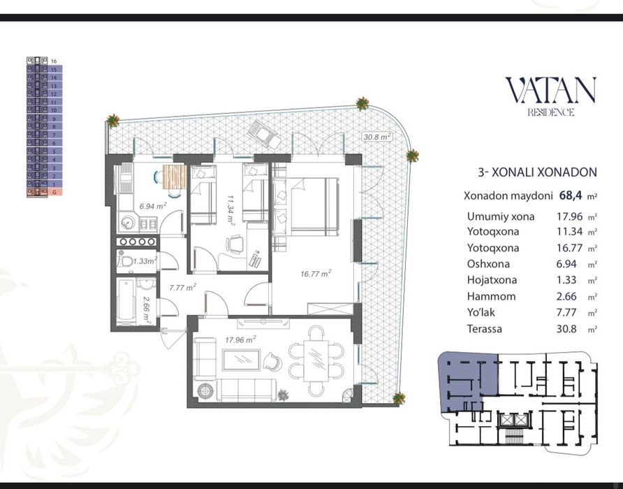 Premium classdagi 3 xonali kvartira sotiladi!