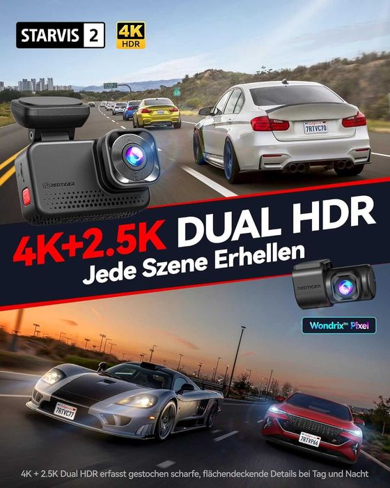 REDTIGER VC70 Dashcam, двуканална камера 4K предно и 2.5K задно видео