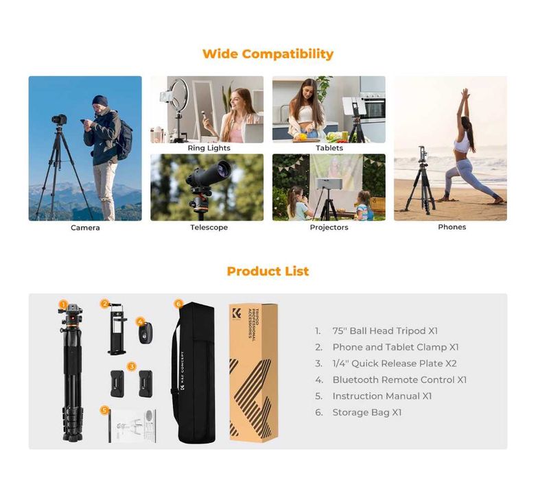 K&F Concept Професионален статив / трипод , товароносимост 8клг.