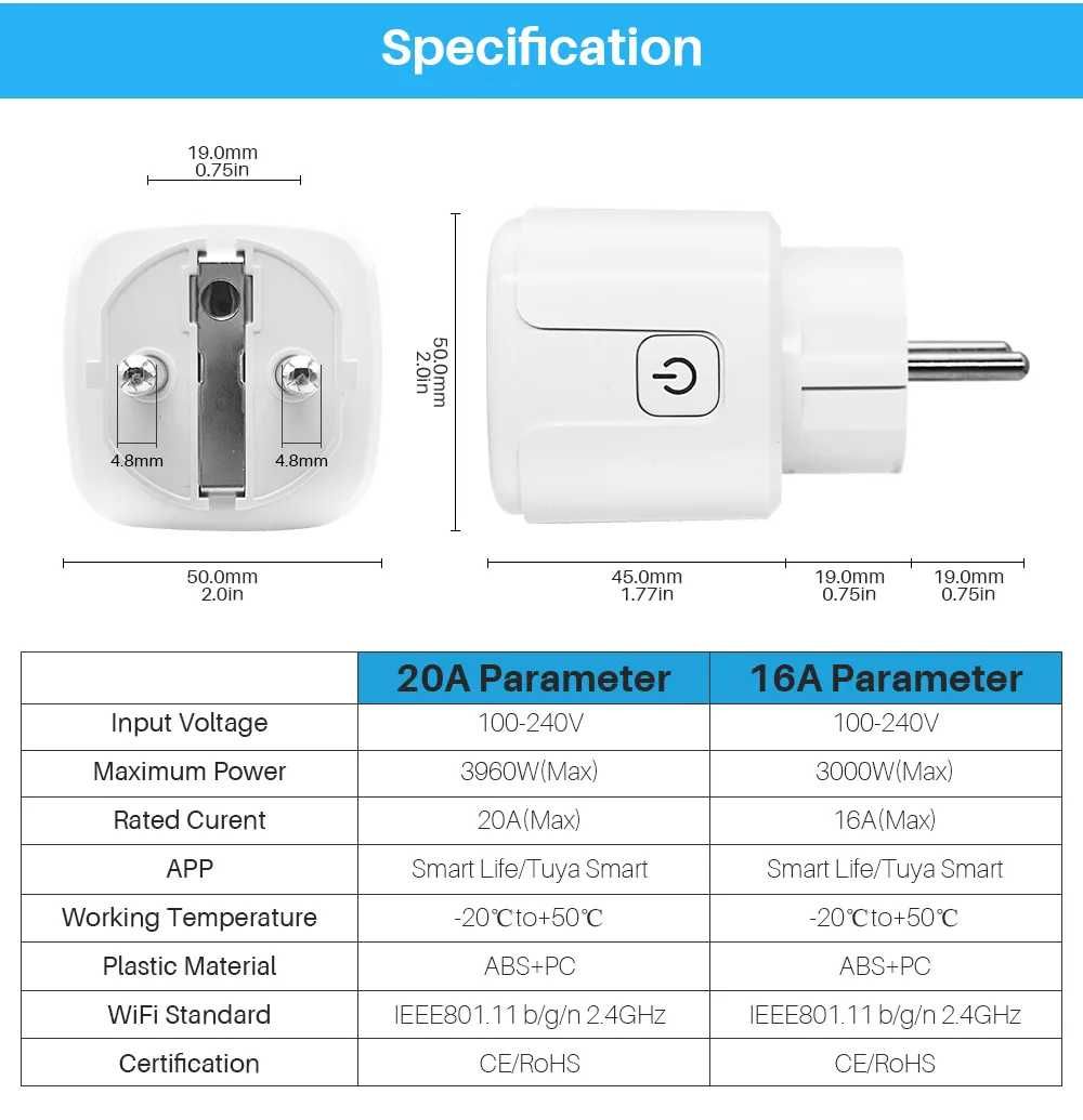 Tuya/Smart Life 16А WiFi умен контакт с отчет на ел.енергия