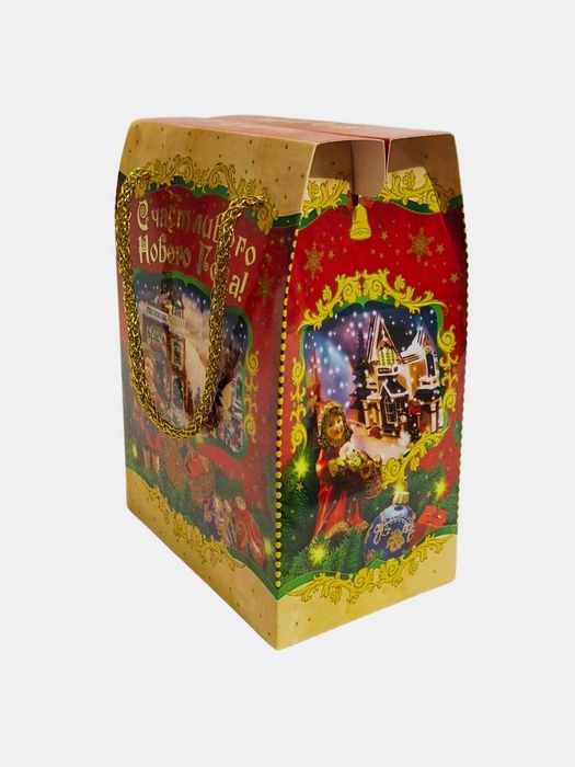 Qizil rangli, Qorbobo va bayramona bezaklar tasvirlangan sovg'a qutisi