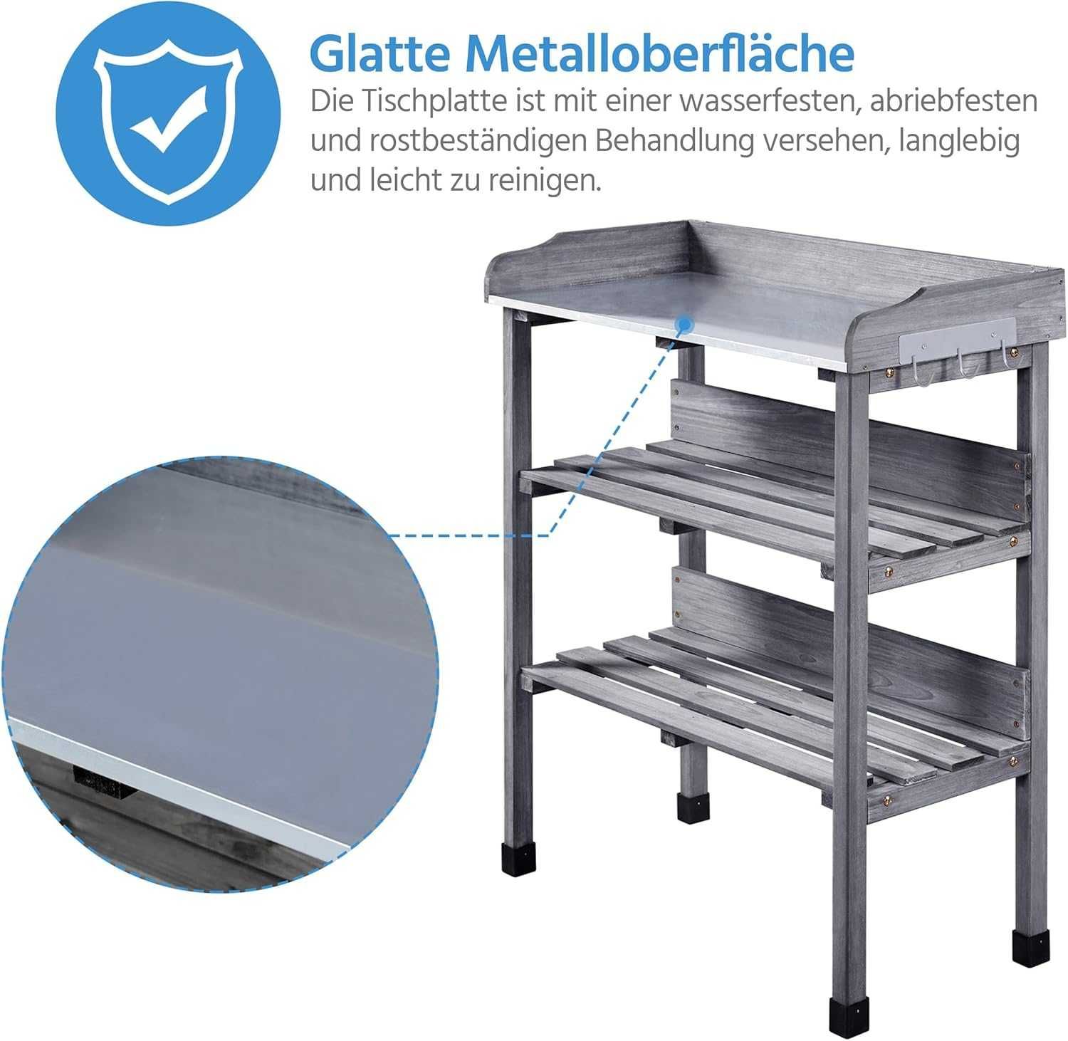 Masa gradinarit lemn brad 77x37x90 cm cu rafturi |YT 592913 Gray