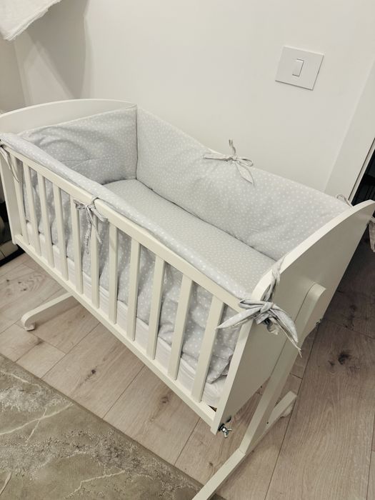 Pătuț co-sleeping alb + saltea cocos + lenjerie + set plapumă & pernă