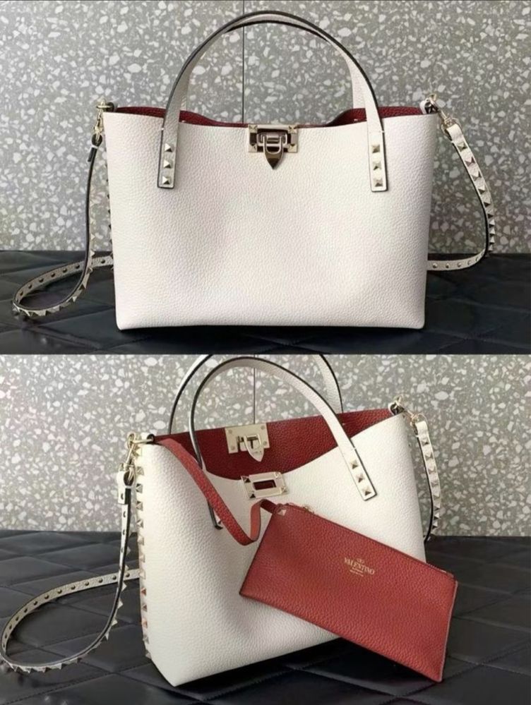 Бяла чанта с червено естествена кожа Valentino