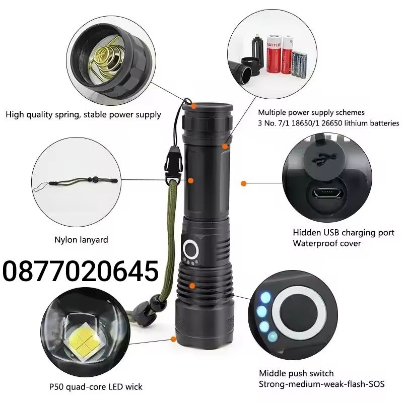 XHP50 LED фенер, алуминий, черен, 20W, презареждаем с USB комплект с