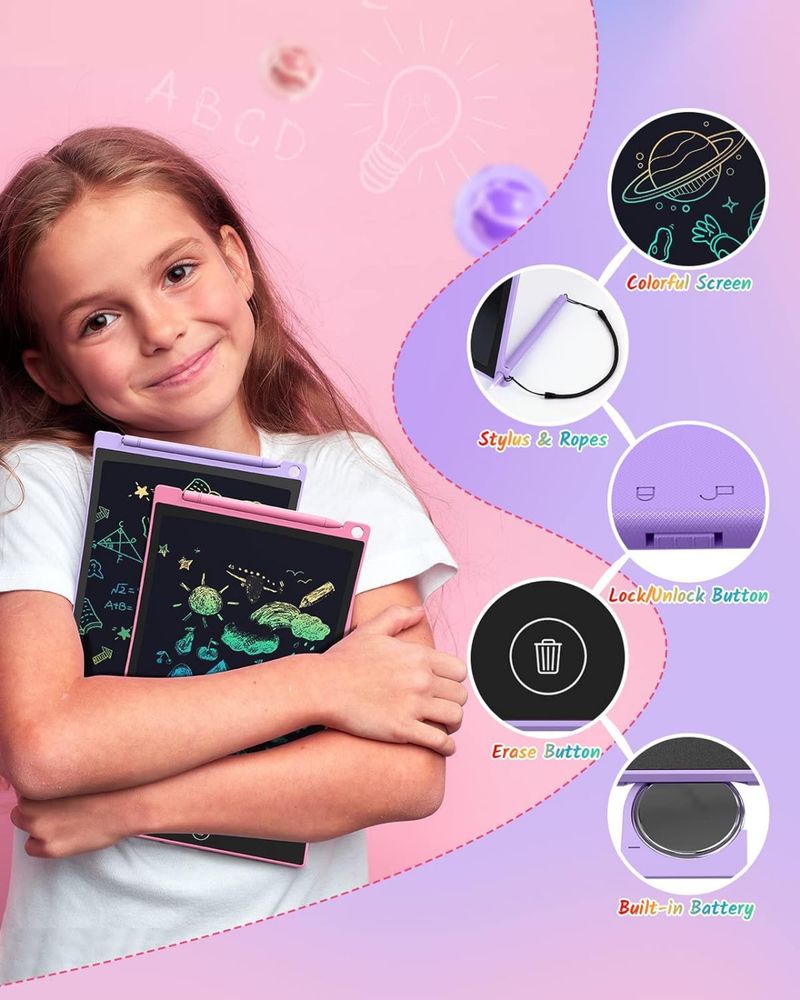 TECJOE 2 бр. 8.5” LCD детски цветни таблети за рисуване,лилав/розов