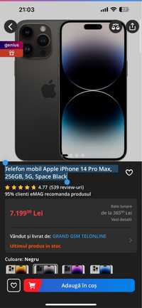 iPhone 14 Pro Max, 256GB, 5G, Garantie Factura Emag ca nou Liber retea