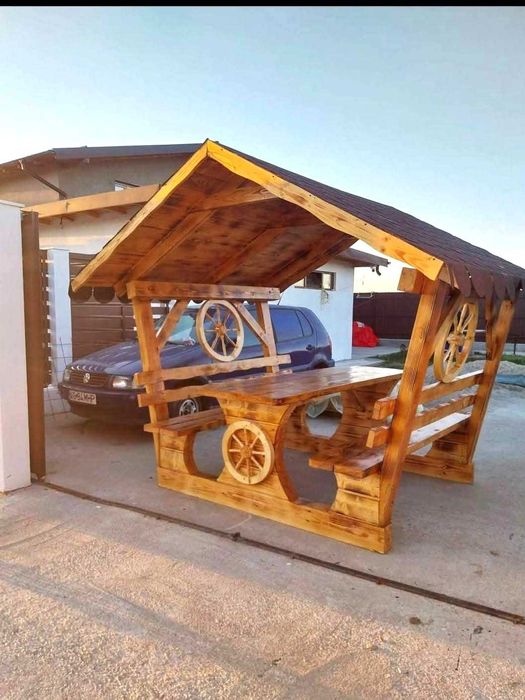 Set mobilier rustic din lemn masiv – masă + bănci/scaune