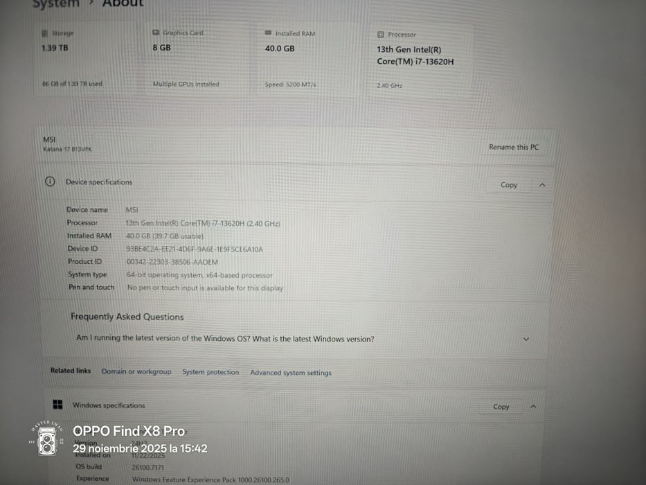 Laptop gaming MSI Katana B13VFK 17.3 Intel Core i7-13720H, 40 GB  RAM