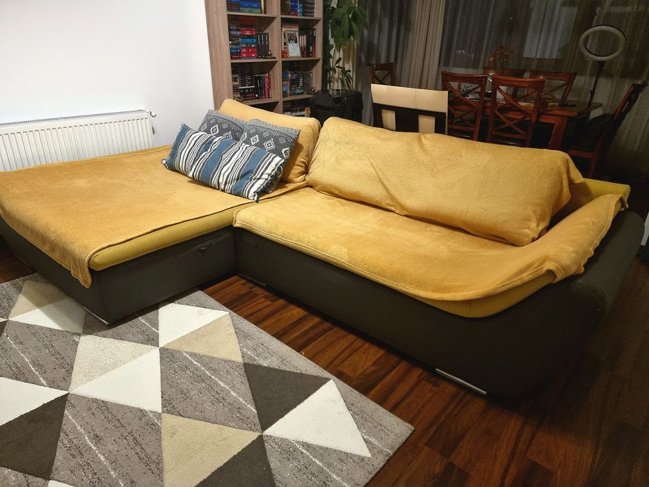 Colțar / Canapea extensibilă Ariva stânga, galben/gri, stofă/piele eco