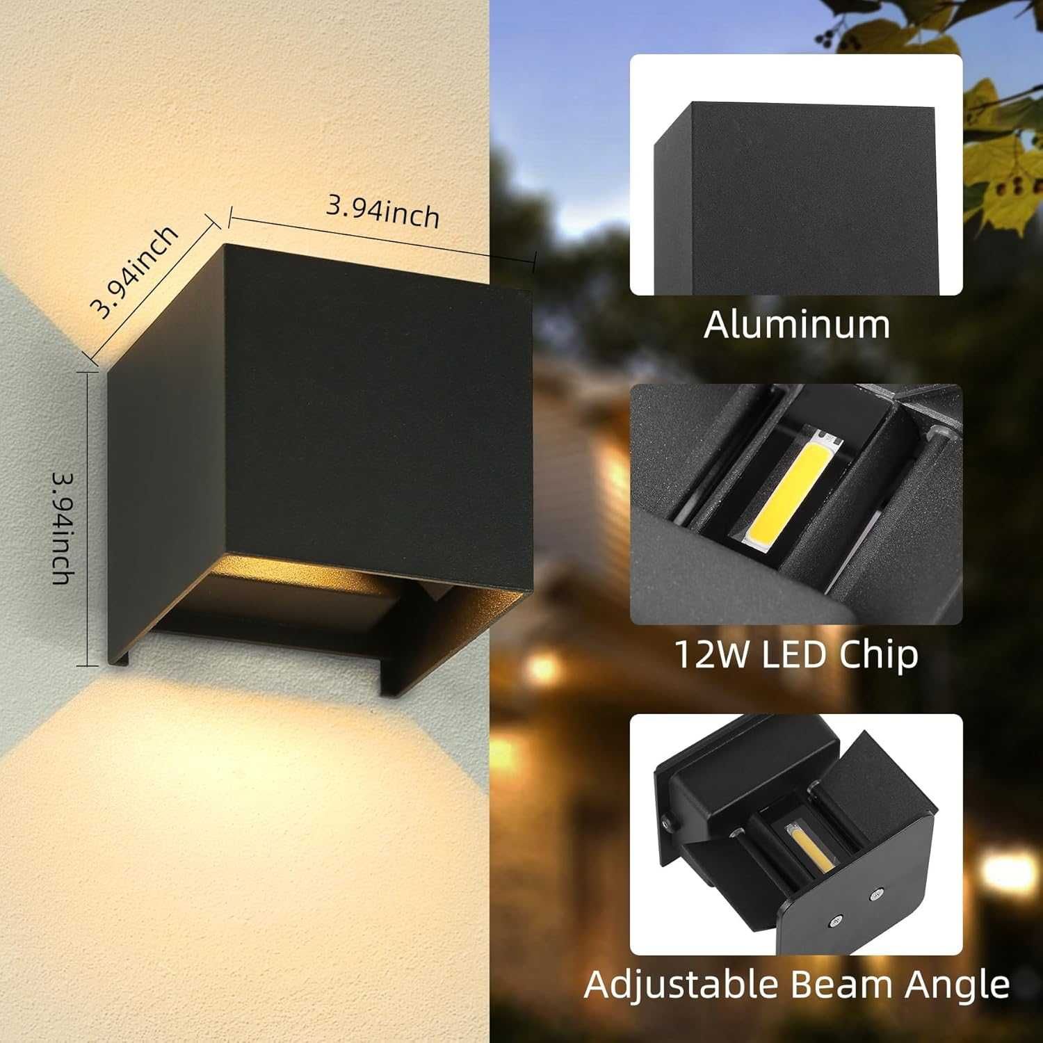 Водоустойчива LED лампа, аплик, 12W IP65, 3000К, черна