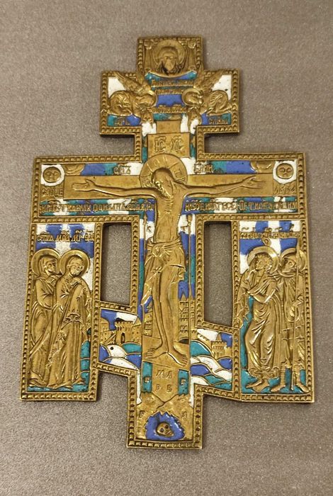 Crucifix ”Iisus rastignit”, email policrom si bronz | secol. 19