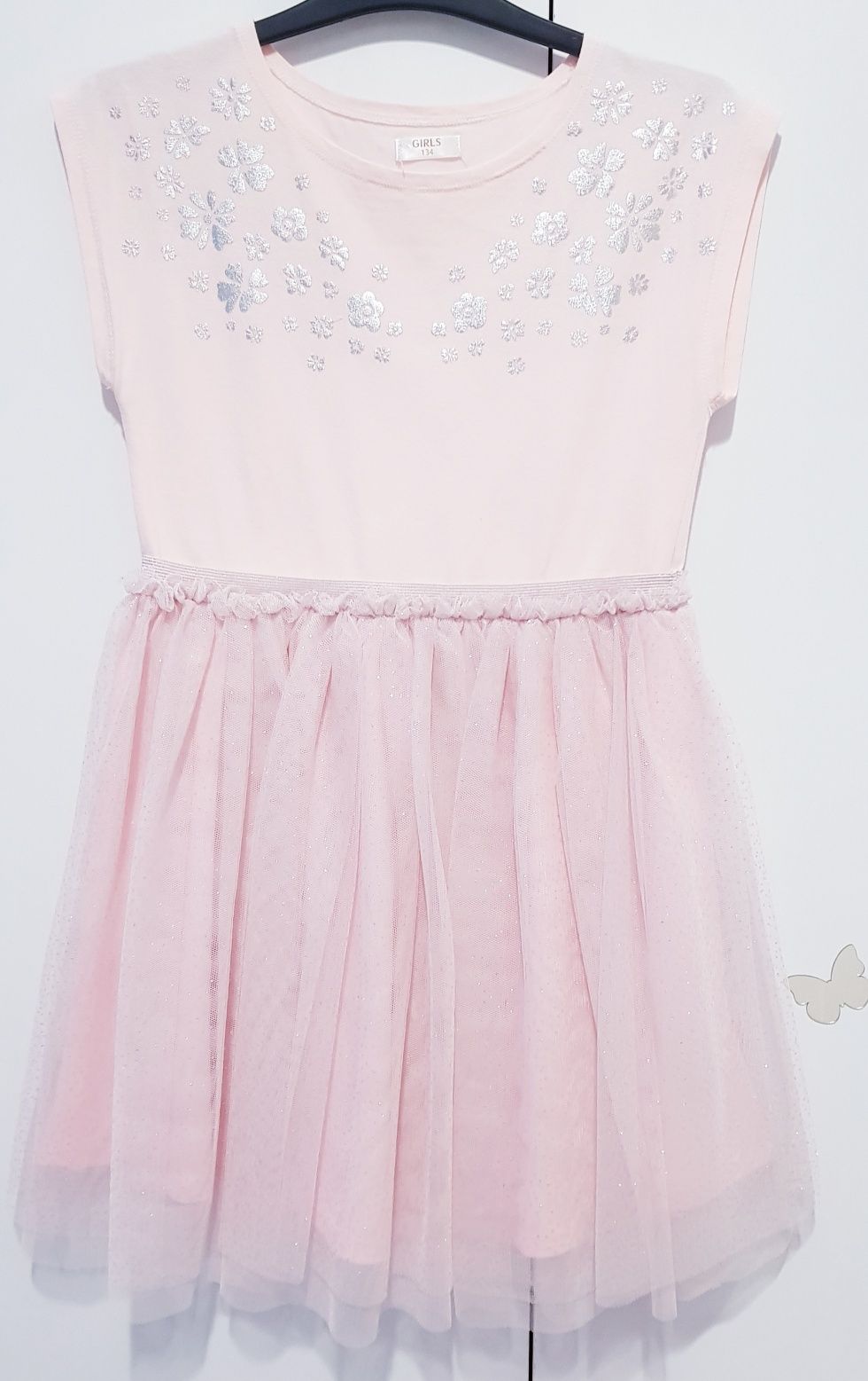Rochie fete, roz prafuit cu tulle cu sclipici, 8-9 ani, 134 cm