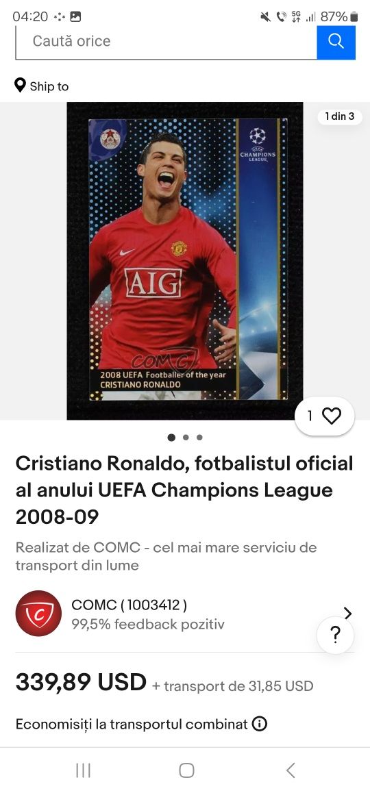 Cartonaș Cristiano Ronaldo 2008-2009. Fotbalistul anului 2008.