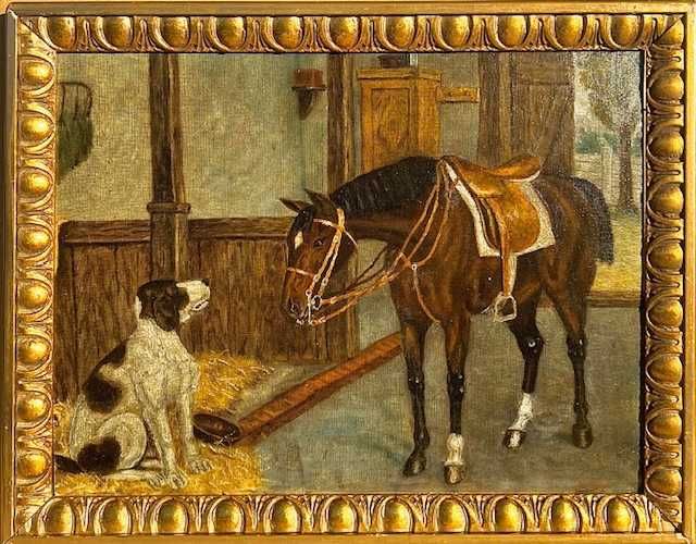 ”ANIMALE IN GRAJD” TABL0U f VECHI, ule/pânz/cart, semn. Ramma lemn.