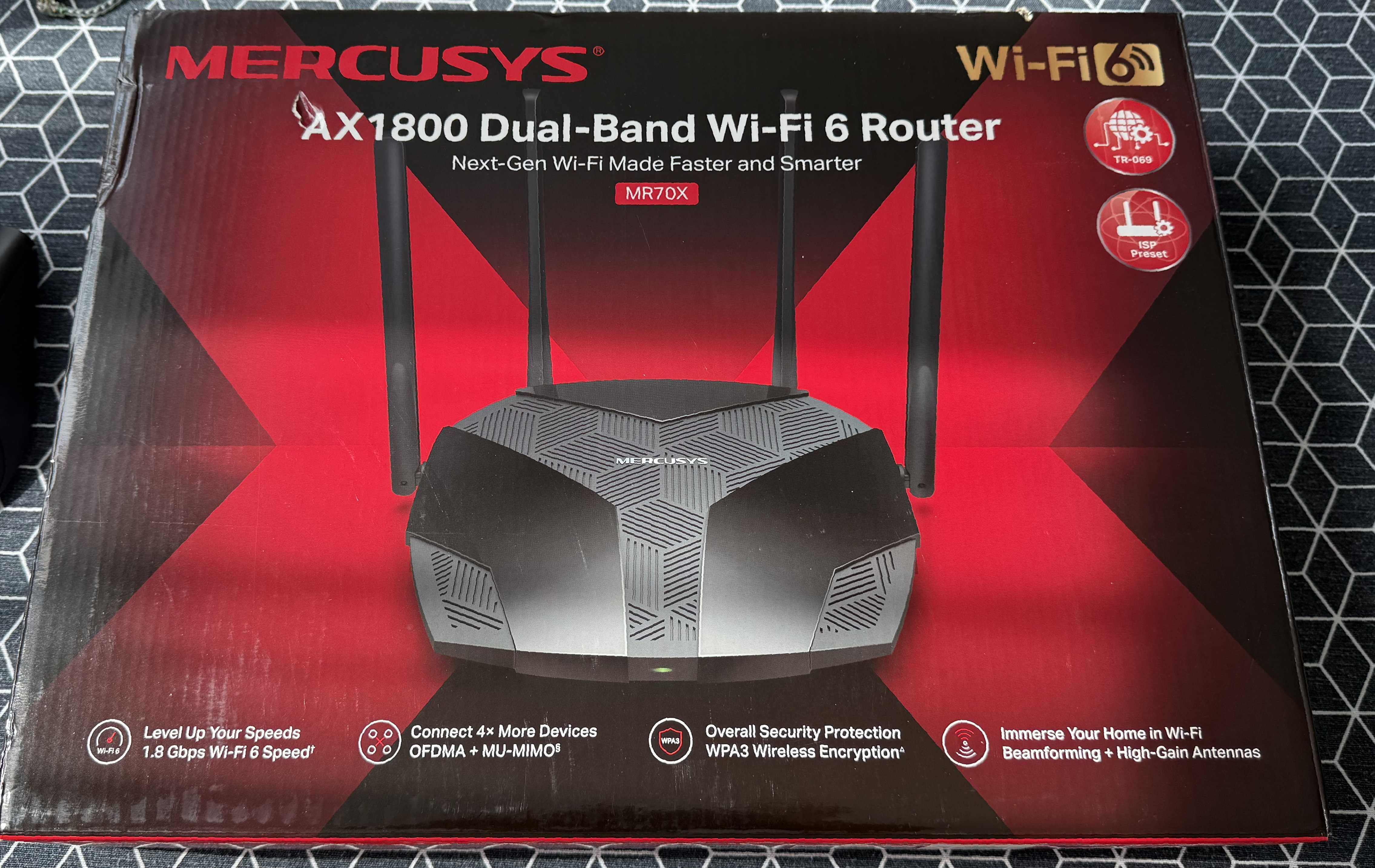 Безжичен рутер Mercusys MR70X, AX1800, Wi-Fi 6, OFDMA, Gigabit, Черен