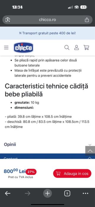Masa infasat Chicco +cadita baie