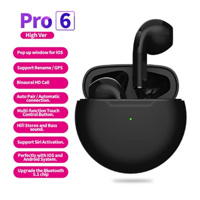 Безжични слушалки Pro 6, IPX4 водоустойчив, зареждаща се кутия