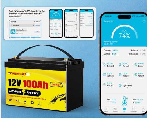 Baterie Litiu Lifepo4 12v 100 ah pentru Rulote Barca Sistem Audio +BT