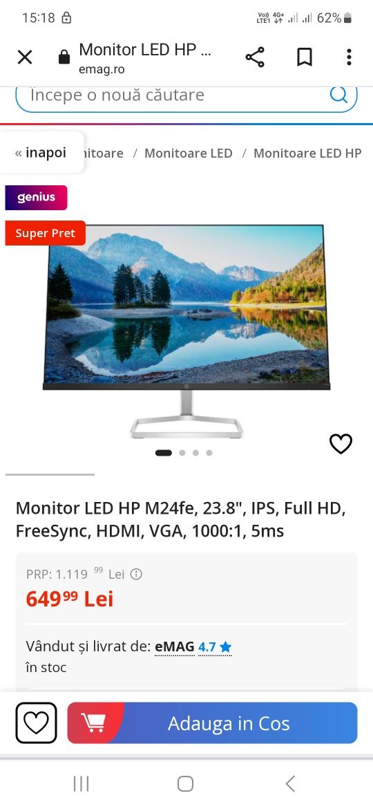 Monitor LED HP M24fe, 23.8", IPS, Full HD, FreeSync, HDMI nou