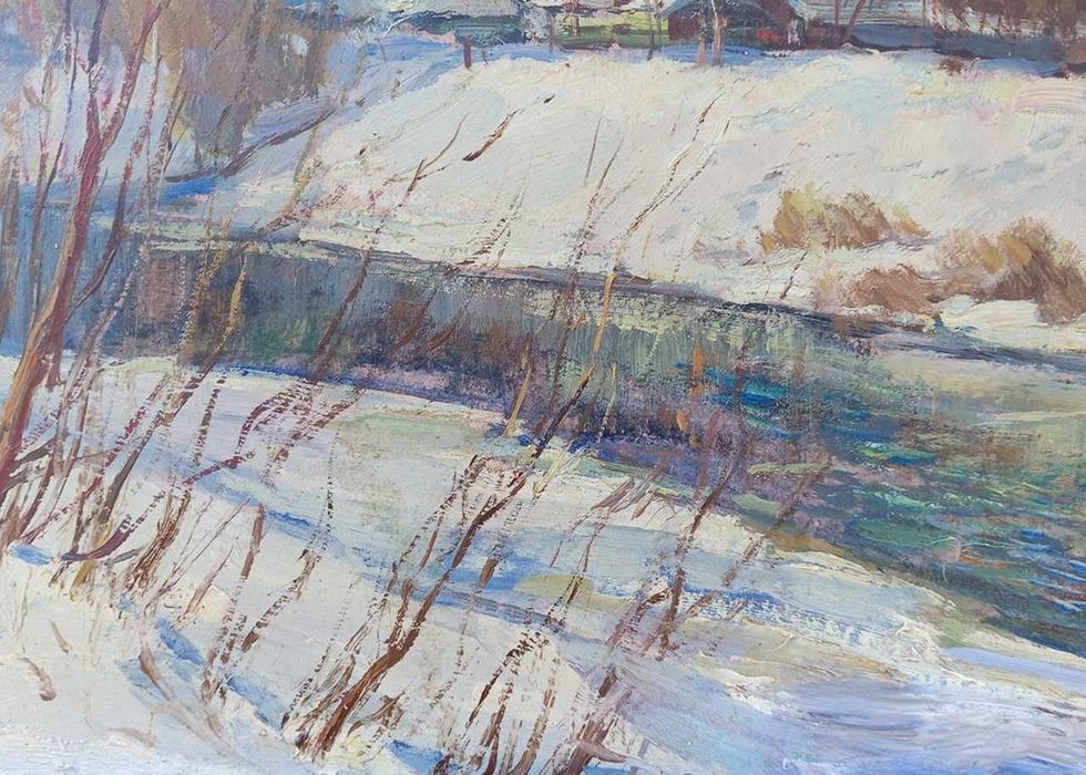 Tablou vechi - peisaj rural de iarna - semnat C. Isachie