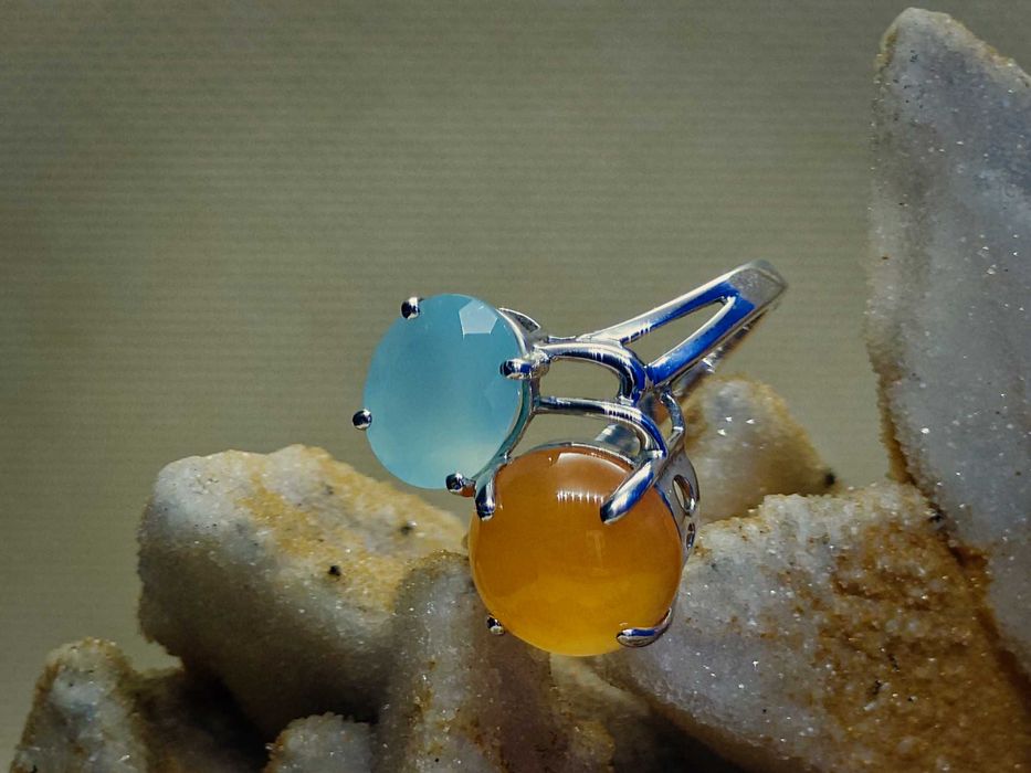 Inel argint rodiat cu calcedonie – duo portocaliu & albastru