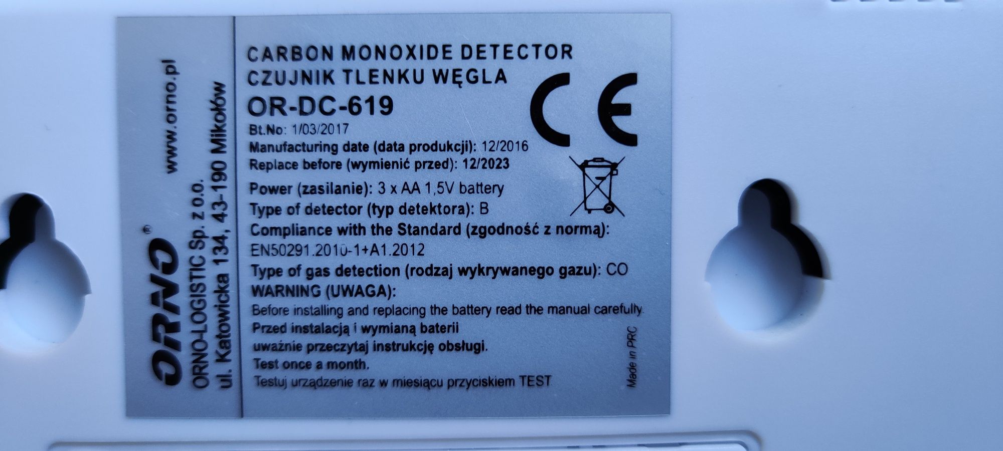 Detector monoxid de carbon ORNO OR-DC-619, cu baterii