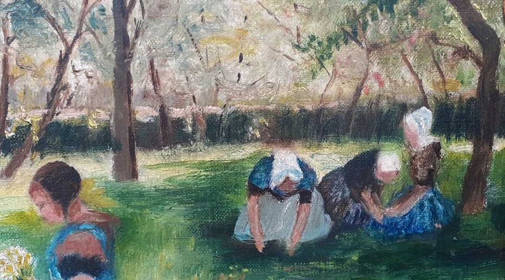 Tablou vechi - la cules de flori - nesemnat